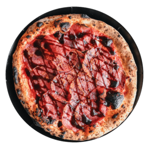 The Basilio pizza has fresh mozzarella, genoa salami, kalamata olives, extra virgin olive oil. optional: balsamic reduction.