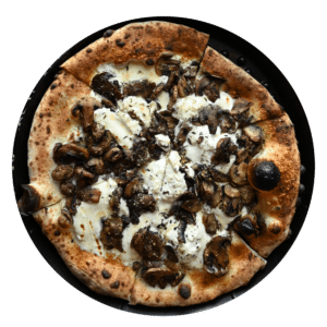 The D'Amato pizza has fresh mozzarella, ricotta blend, baby bella and button mushrooms, fresh thyme and extra virgin olive oil.
