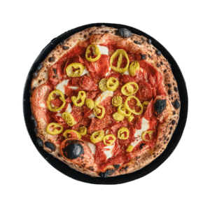 The Barnstormer pizza has fresh mozzarella, pepperoni, and banana peppers.