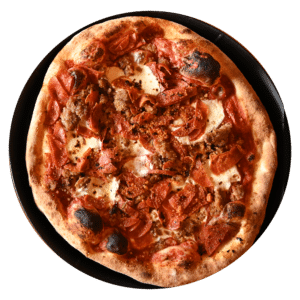 The Bonecrusher pizza has fresh mozzarella, pepperoni & sweet Italian sausage, fresh rosemary and crushed red pepper.