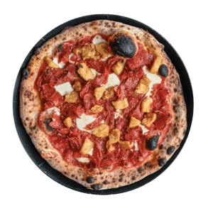 The Hawaiian pizza comes with your choice of pepperoni, sweet Italian sausage OR prosciutto with house-made red sauce, fresh mozzarella and pineapple (seasoned with chili powder and lime juice).