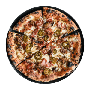 The Barbed Wire Pizza has local to Knoxville pulled pork, smoked mozzarella, applewood smoked bacon, jalapeño & topped with bourbon reduction. No red sauce.