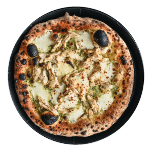 Great White Hope pizza has housemade pesto cream sauce, fresh mozzarella, marinated cage free, non-GMO chicken, hand shaved parmesan, crushed red pepper, and extra virgin olive oil.
