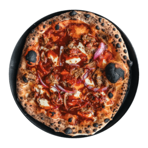 The Pulled Punch pizza has local pulled pork, fresh mozzarella, shredded cheddar cheese, red onion and Local BBQ sauce. No red sauce.