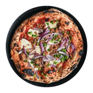 The Rocky Balboa wood-fired pizza has provolone, sweet Italian sausage, red & green pepper, onion, dried oregano, crushed red pepper, extra virgin olive oil.