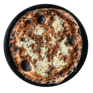 The Pastrano pizza has fresh mozzarella, sweet Italian sausage, caramelized garlic, extra virgin olive oil & fresh thyme.