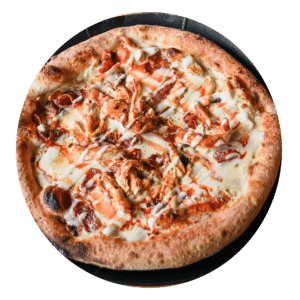 The Rocky Top pizza has fresh mozzarella, cage free, non gmo buffalo chicken & applewood smoked bacon. topped with a blue cheese & hot sauce drizzle.