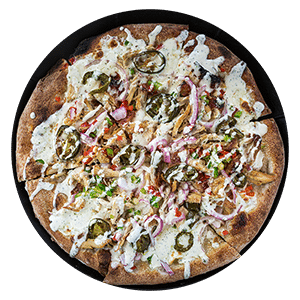 The One Knox KICK pizza has fresh mozzarella, bacon, chicken, red and green pepper, red onions, jalapeños, drizzled with house made ranch