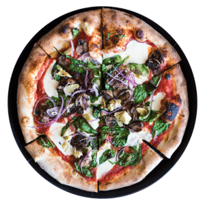 The Veggie pizza has fresh mozzarella, spinach, mushrooms, artichoke hearts, onions, sea salt. finished with extra virgin olive oil.
