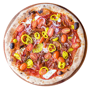 The Vitello pizza has fresh mozzarella, spicy capicola, pepperoni, bacon, fresh cherry tomatoes, onions, banana peppers, dried oregano, parmesan, Frussie's Italian dressing.